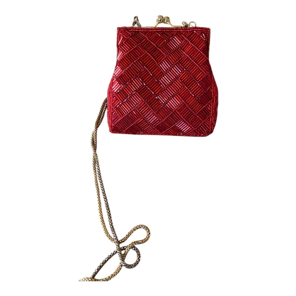 Vtg La Regale Red Goldtone Glass Beaded EveningPurse Clutch Crossbody Gold Chain